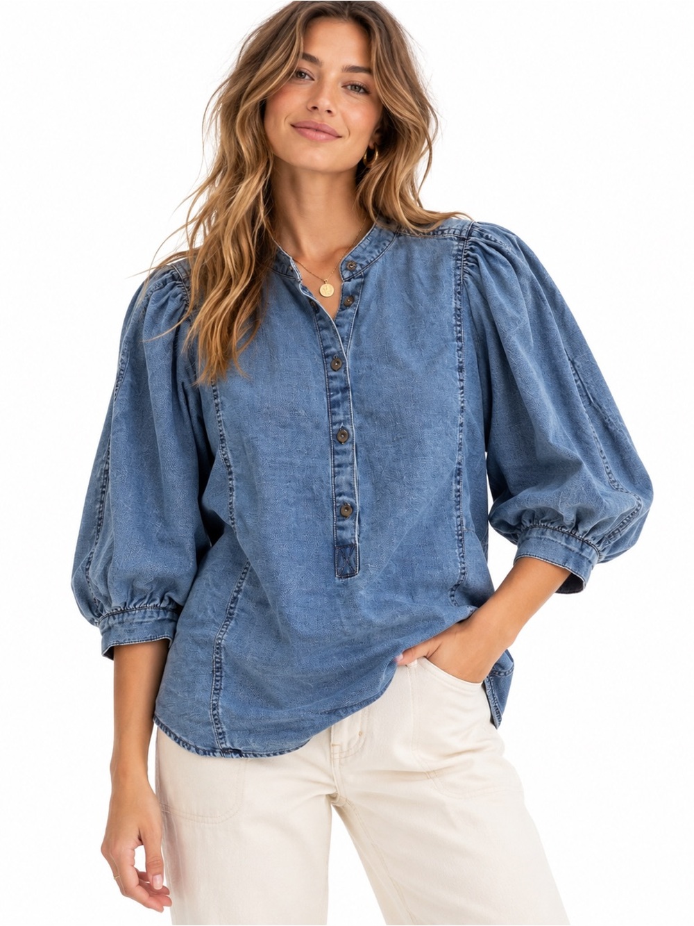 Anthropologie Pilcro Popover denim Blouse Top Shirt puff sleeve western rodeo